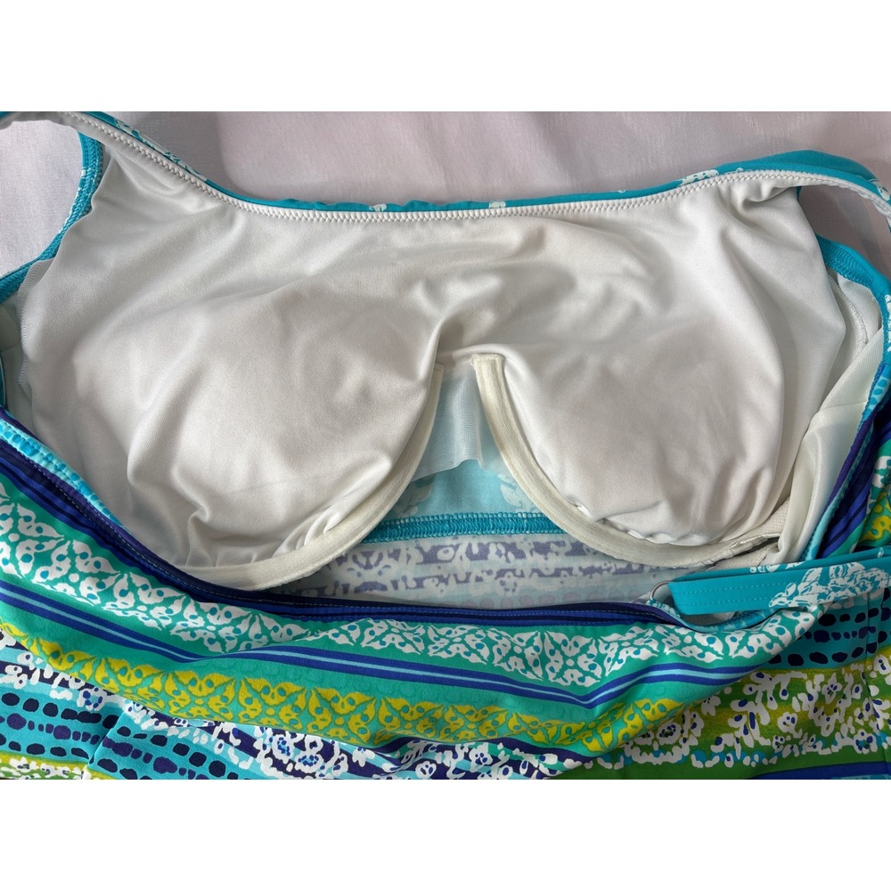 LANDS' END Teal Paisley Striped Tankini Top Sz 16 Underwire Bra Modest Swimwear - Picture 7 of 8